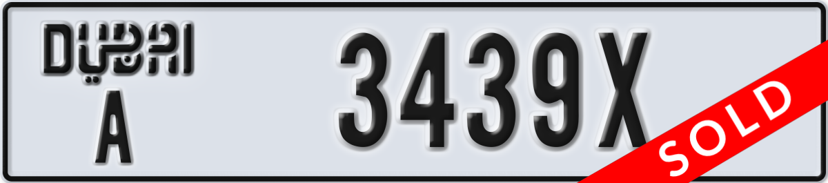 dubai License Plate Number 3439X Code A