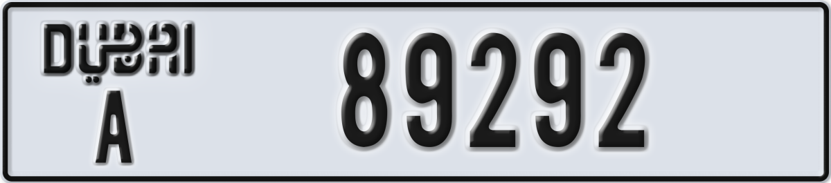 dubai License Plate Number 89292 Code A