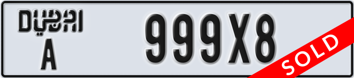 dubai License Plate Number 999X8 Code A