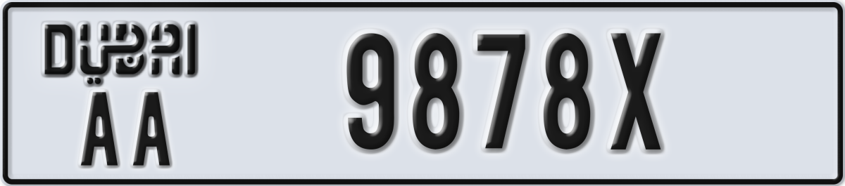 dubai License Plate Number 9878X Code AA