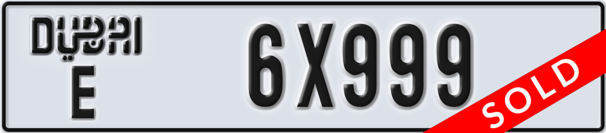 dubai License Plate Number 6X999 Code E