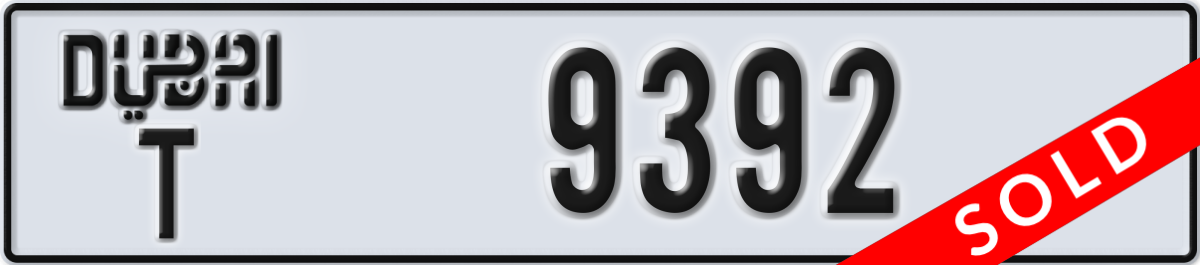 dubai License Plate Number 9392 Code T